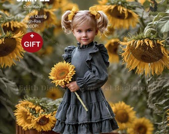 Sunflower Field Digital Backdrop, Fall Photography Background, Children Outdoor Photoshoot. Digital Composite Download.