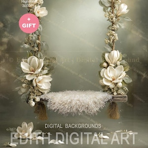 May include: A digital background featuring a wooden swing decorated with white magnolia flowers and foliage. The swing has a fluffy, cream-coloured seat. The image includes the text "SAMPLE" and "DIGITAL BACKGROUNDS".