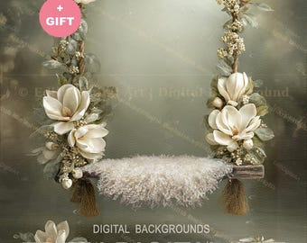 Newborn Digital Backdrop, Floral Swing Backdrop, Baby Girl Photography Prop,Sage Green  and Ivory Magnolia Flowers, Instant Download.