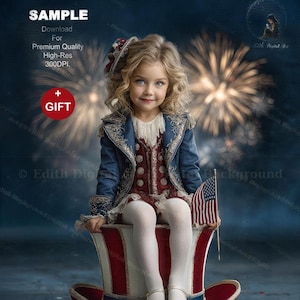 May include: A young person in a patriotic outfit sits in a red, white, and blue Uncle Sam hat, holding a small American flag. The person wears a blue jacket with gold trim and a red and white vest. Fireworks burst in the background.