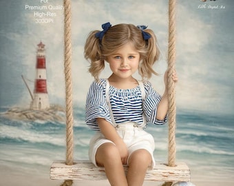 Summer Beach Photography Backdrop, Nautical Costal Digital BackgroundStudio Kids Portrait, Seaside Swing Ocean Composite. Instant Download