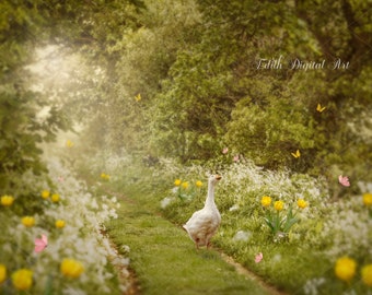 Spring Digital Background, Duck on Floral Digital Backdrop Field Landscape,  Easter Photography Composite for Photoshop.