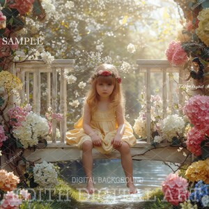 May include: A young girl with blonde hair and a floral crown sits on a white wooden bench in a garden setting. She is wearing a yellow dress and has a thoughtful expression on her face. The background is filled with lush greenery and flowers, creating a whimsical and enchanting scene.
