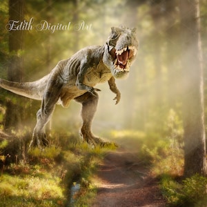 Dinosaur Digital Background, Scary Dino, T-Rex, Tyrannosaurus Rex Backdrop for Kids Photography , Jurassic Forest,  Photoshop Composite.