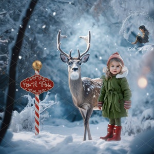 Christmas Digital Backdrop Photography, Deer On Snowy Forest at Polar North, Fantasy Outdoors Photoshoot Fot Kids, Digital Background Photo
