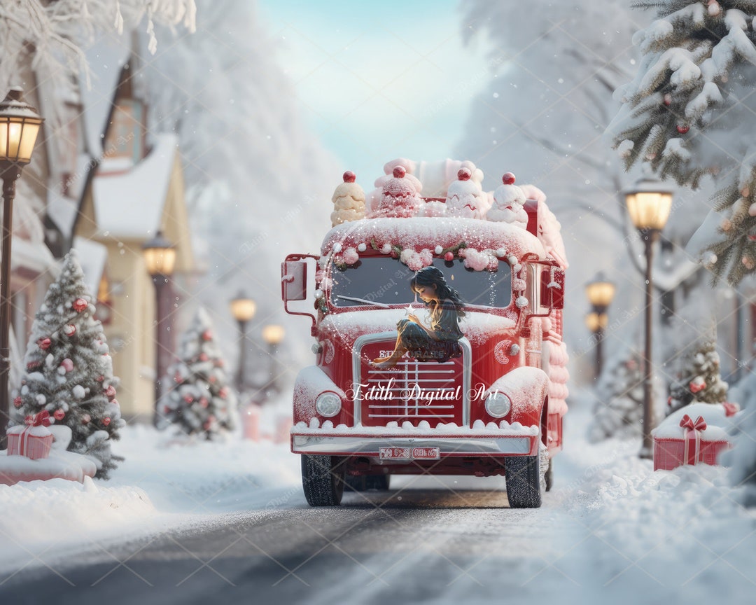 Red Truck at Snowy Christmas Village Road Christmas Digital Etsy