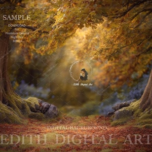 Può includere: Uno sfondo digitale con una scena di foresta con un sentiero che conduce a un'area soleggiata. L'immagine include grandi alberi con foglie gialle e arancioni e il testo "EDITH DIGITAL ART".