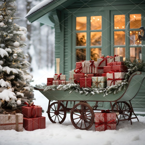 Christmas Digital Backdrop Photography, Sleigh With Christmas Gifts at Snowy Street With Christmas Gift, Xmas Outdoors, Winter Composite