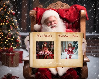 May include: Santa Claus in a red suit holds open a book titled "On Santa's Christmas Book" with two photos of children in red dresses. The book has a vintage look with a brown background and white text.