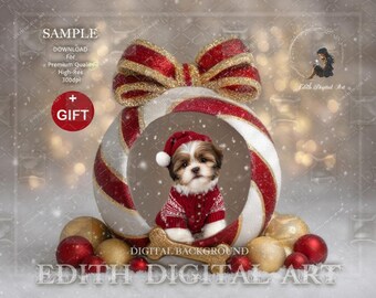 Pets Christmas Digital Backdrop, Red Peppermint Ornament Prop, Studio Background For Photography Composites, Dogs Portrait + Snow Overlay
