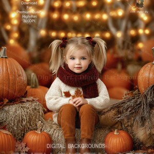 May include: A digital background featuring a child with blonde pigtails wearing a cream sweater with a leaf design, a dark red scarf, and brown pants, sitting on hay bales surrounded by orange pumpkins and blurred golden fairy lights in the back.