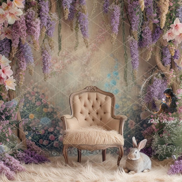 Easter Backdrop Digital Background Photography Composite, Spring Blossom Garden, Floral Chair For Newborn, Kids, Pets Portrait, Easter Bunny