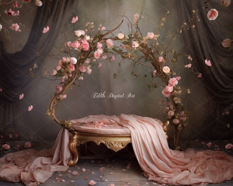 Newborn Digital Bed in Pink, Newborn Digital Background, Floral Baby Crib, Newborn Composite Photography Studio, Spring Digital Photo Prop image 1