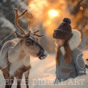 Toile de fond numérique Noël hiver forêt cerf pour portraits d'enfants magiques, composite de photographie d'enfants en plein air. + Enneigement gratuit