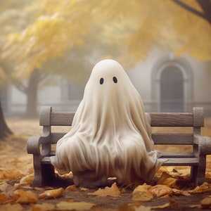May include: A white ghost figure sits on a wooden bench in a park setting. The bench is surrounded by fallen autumn leaves. The background is blurred and features trees and a building with a doorway.