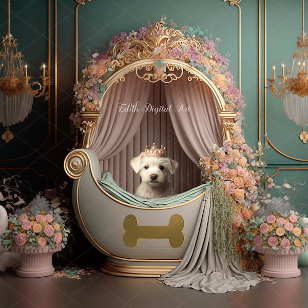 Princess Portrait Digital Backdrop, Dog Bed Background Photography, Photoshop Composite, Spring Floral Picture, Canine Puppy  Photo Download