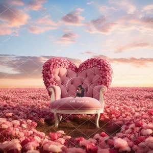 Valentines Digital Background Photography, Dreamy Pink Landscape for Valentines Portraits, Love Heart Chair For Maternity, Kids & Pets