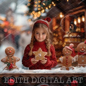 ジンジャーブレッド ブースのデジタル背景写真、ジンジャーブレッド カート ショップ、雪の降る通り、子供向けの楽しいクリスマス ポートレート + 無料の雪のオーバーレイ