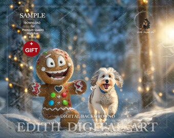 Christmas Digital Backdrop For Dogs Photography, Running With Gingerbread Cookie at Magical Winter Forest, Fun Christmas Pet Composite.