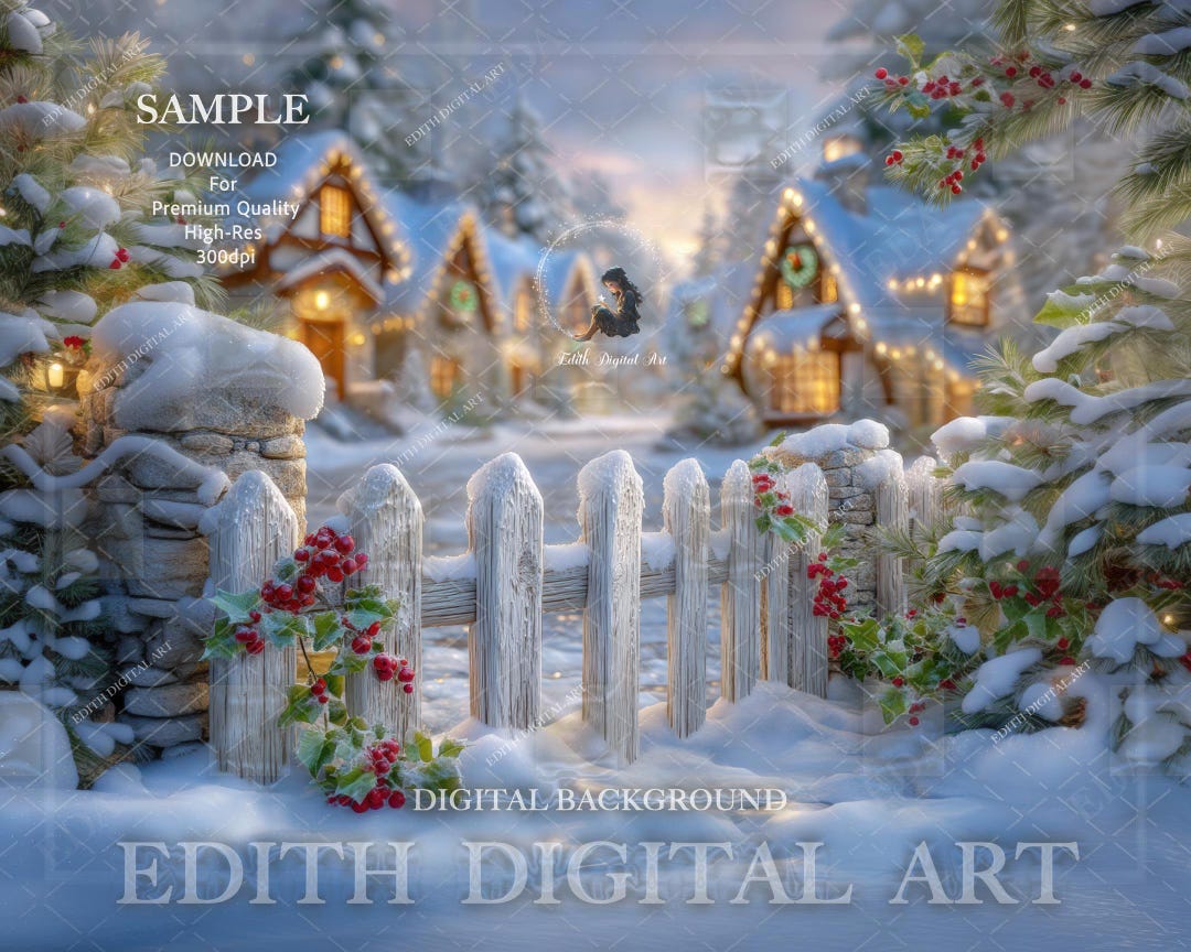 Christmas Fence Backdrop, Holiday Village, Winter Wonderland Digital ...