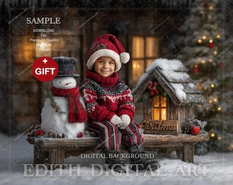 Christmas Digital Backdrop For Photography Composites. Wooden Bench With Snowman and Santa's Mailbox,  Holiday Background + Snow Overlay