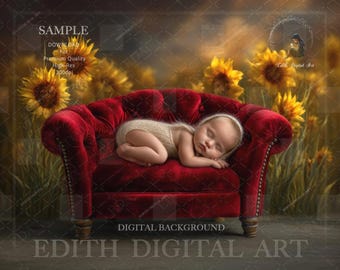 Newborn Photography Digital Backdrop, Red Digital Chair Photo Prop For Baby & Pets Portraits, Sunflower Studio, Fall Background Composite.