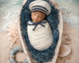 Bateau de plage Nautica, toile de fond numérique nouveau-né, arrière-plan bébé marin, photographie d'art composite, superposition de Photoshop scène de l'océan. Télécharger
