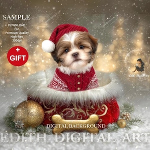 May include: A small dog wearing a red Christmas sweater and hat, sitting in a red and gold decorative boot with white fur trim. A gold bone and ornament are in front of the boot. The background is a snowy scene.