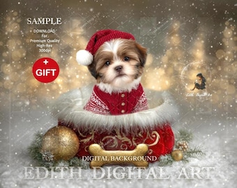 Pets Christmas Digital Backdrop, Santa's Toy Gift Bag With Bone, Studio Background For Dogs Photography Composites, + Snow Overlay. Download