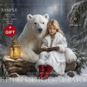 May include: A digital background featuring a polar bear and a young person in a white fur coat and red boots, reading a book. A golden lantern sits on a snow-covered log. The image includes the text "EDITH DIGITAL ART".