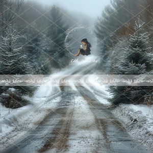 Winter Road Digital Backdrop for Photography Composite, Snow Path, Christmas Digital Background, Snowy Forest Trails Download + Snow Overlay