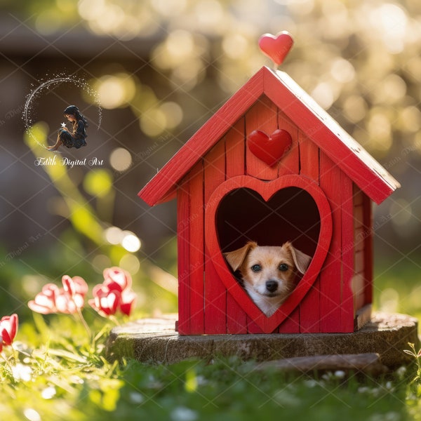 Valentines Digital Backdrop Photography, Valentines Pets Portrait, Printable Love Dog House Background, Spring Garden Photo Digital Download