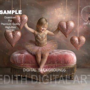 May include: A young child in a gold and pink tutu sits on a pink velvet ottoman, surrounded by hanging glittery heart decorations. The background is a soft, dreamy blend of colours. Text on the image reads "SAMPLE" and "DIGITAL BACKGROUNDS".