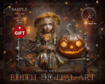 Halloween Digital Backdrop, Fall Bench With Spooky Pumpkin, Fantasy Fine Art Background For Children Photography Composite Instant Download