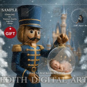May include: A digital background featuring a toy soldier holding a snow globe with a sleeping baby inside. The soldier is in a blue uniform with gold accents. The background includes a castle and text that reads "SAMPLE" and "GIFT".