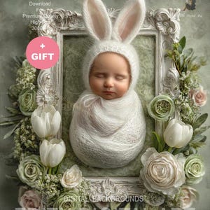 Newborn Face Insert, Easter Bunny Digital Backdrop For Baby Girl or Boy Photography Composite, Spring Flowered Frame Background. Download