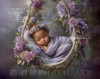 Newborn Digital Backdrop, Purple Floral Swing, Fine Art Baby Girl Photo Composite Background, Newborn Photography Prop Digital Download.