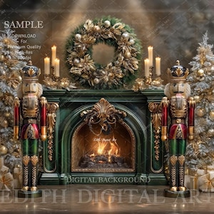 Nutcracket Backdrop Digital Photography For Christmas Composites, Golden Christmas Trees & Fireplace. Photoshoot Studio Background Portrait