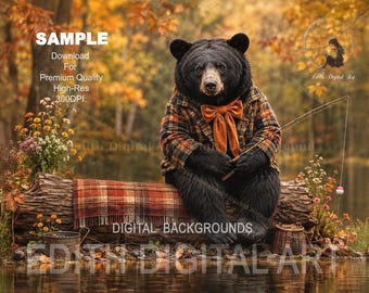 Black Bear Digital Backdrop Composite, Fun Autumn Photography For Newborn, Children or Pets. Fall Outdoor Photoshop Overlay