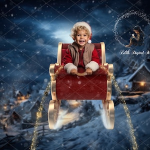 Santa&#39;s Sleigh Flying Over The Town, Christmas Digital Backdrop, Red Sleigh Background Photography, Fun Christmas Composite For Kids & Pets