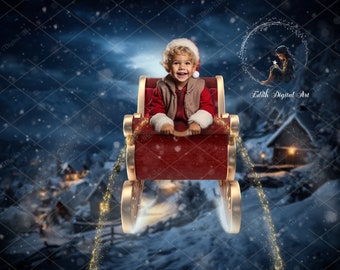 May include: A young child wearing a red Santa hat and a red and white sweater sits in a red sleigh with gold trim. The sleigh is flying through the air with a trail of sparkling gold dust. The background is a snowy winter scene with a small village in the distance.