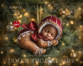 Newborn Face Insert, Christmas Tree Ornament Digital Backdrop, Faceless Gingerbread Cookie, First Baby Girl Christmas Photography Portrait