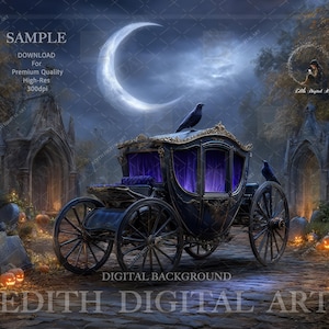 Pode incluir: Um fundo digital com uma carruagem gótica com um corvo, sob uma lua crescente. A carruagem tem um interior roxo, com lápides e abóboras. O texto "DIGITAL BACKGROUND" é visível.