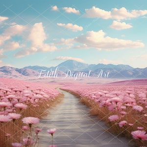 Spring Digital Background, Pink Floral Path on Field, Digital Backdrop ...