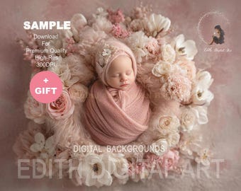 Newborn Digital Backdrop, Pink Spring Flower Scene, Baby Girl Floral Studio Background, Fine Art Photography Composite. Instant Download