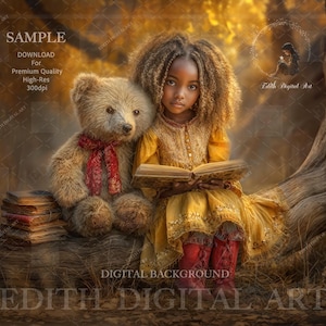 Herbst Märchenbuch digitaler Hintergrund, verzauberter Wald mit Teddybär, Fantasy Back to School Fotohintergrund für Kinder Fine Art Portrait.