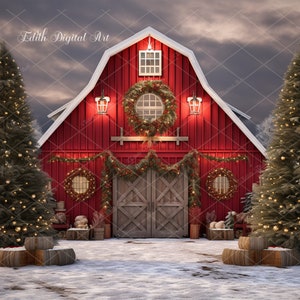 Christmas Digital Background Photography, Red Barn Farm on Snow Winter with Christmas Trees, Holidays Digital Composite Photoshop Backdrop 3