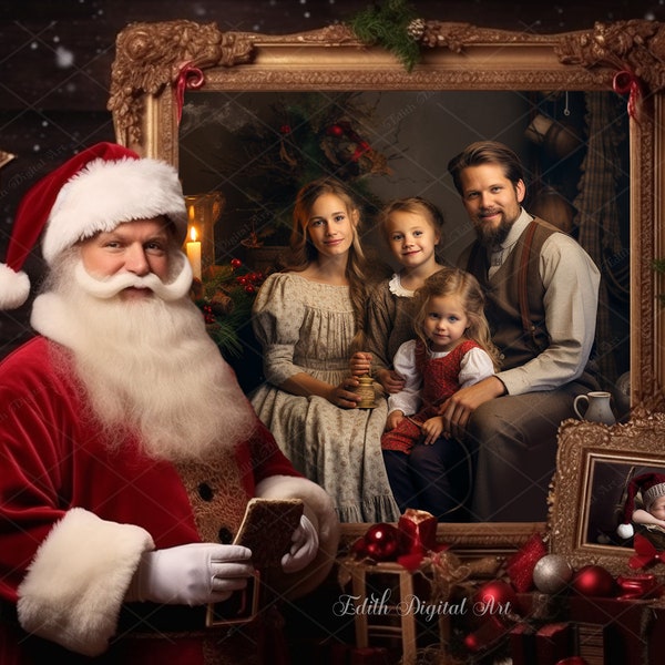 Christmas Digital Backdrop Photography, Santa Holging Frame Digital Background Overlay, Whimsical Santa Scene Photoshop Template Overlay