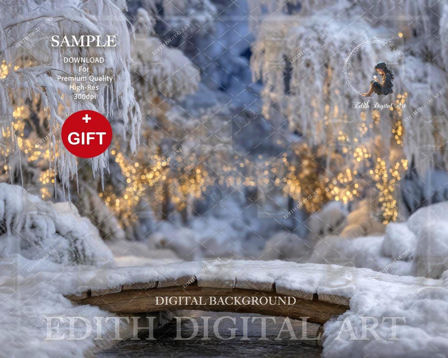 Winter Digital Backdrop Photography Composite, Snow Forest Bridge ...