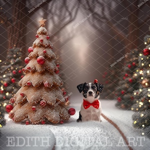 Gingerbread Christmas Tree Digital Backdrop Photo Composite For Kids and Pets, Christmas Digital Background Photography, Holiday Snow Forest